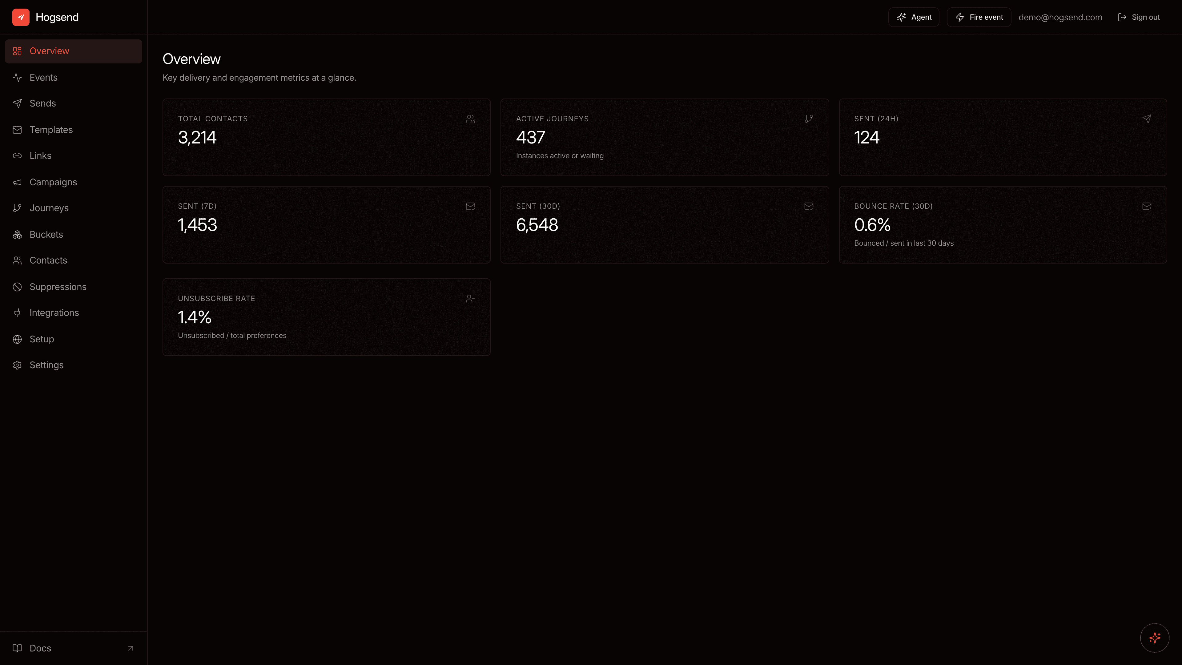Hogsend Studio — the Overview dashboard, showing headline delivery and engagement metrics