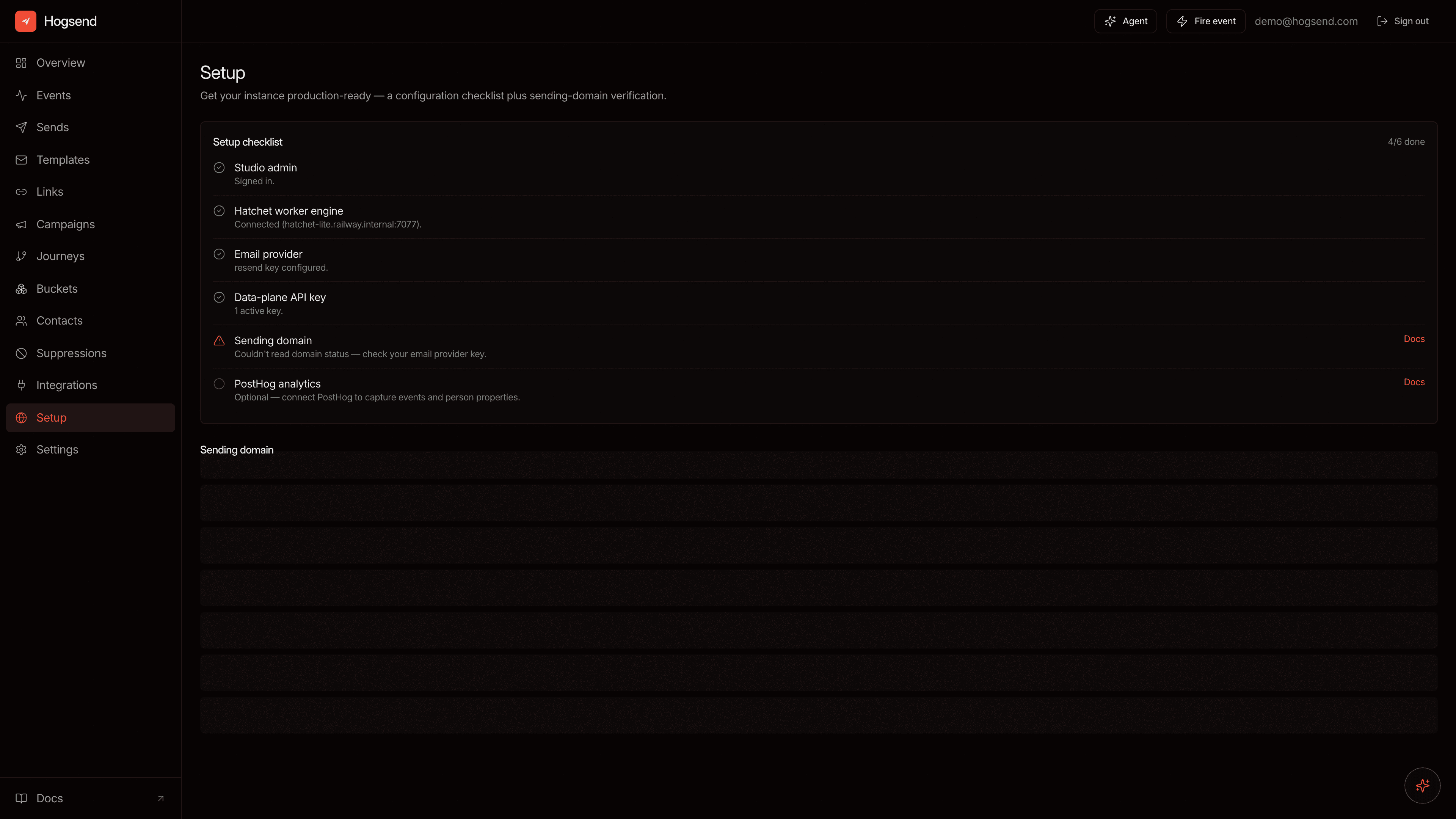 The Setup checklist in Hogsend Studio, confirming the instance is production-ready