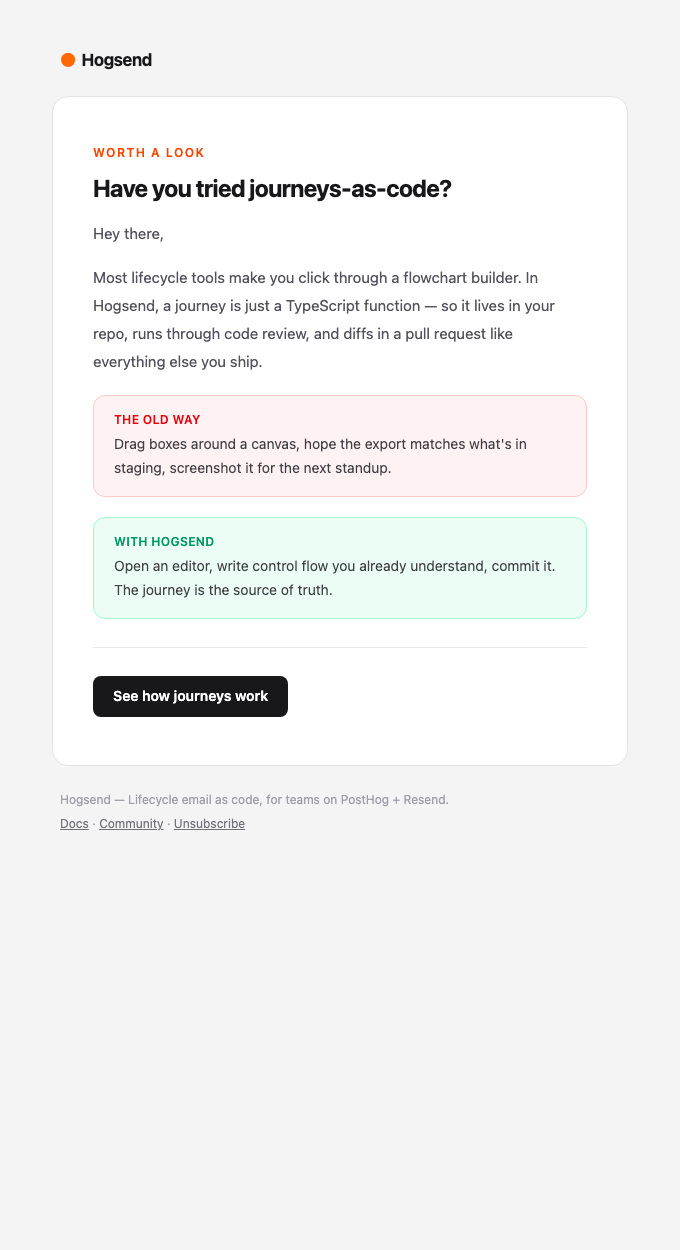 Feature highlight email — journeys are just TypeScript
