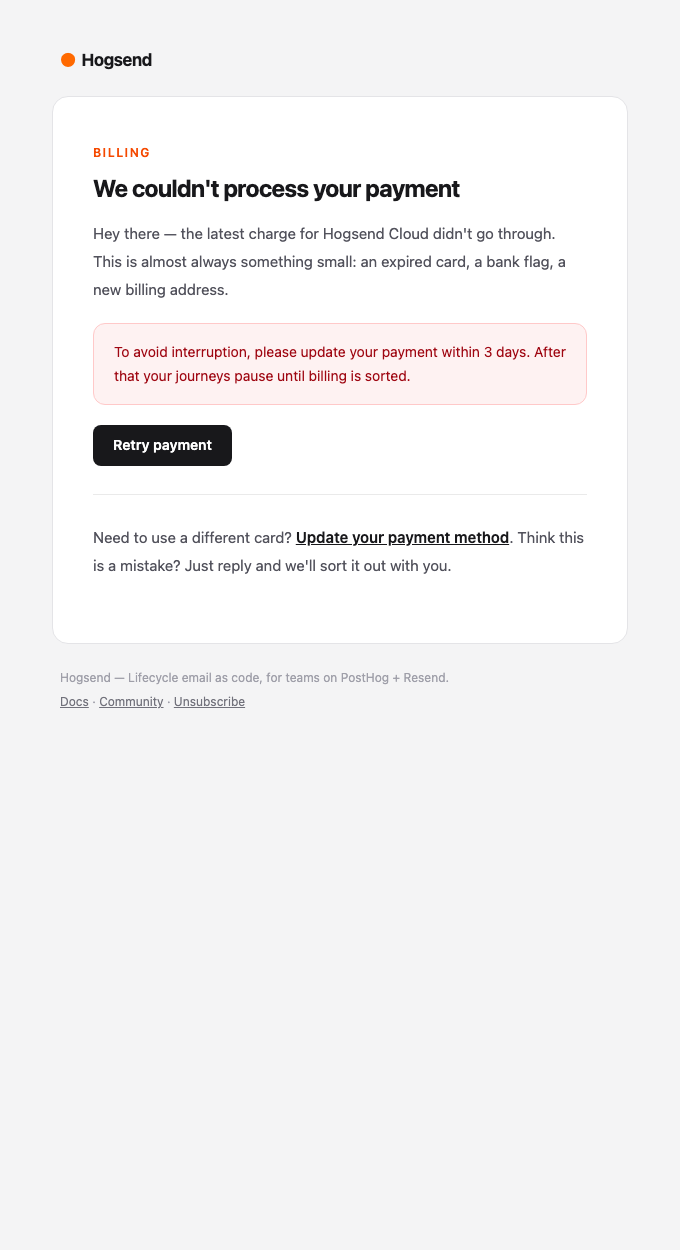 Payment failed email — we couldn't process your payment
