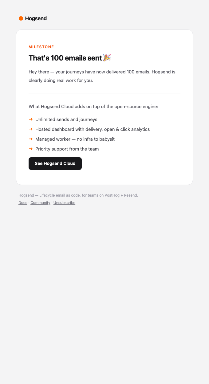 Usage milestone email — 100 emails sent